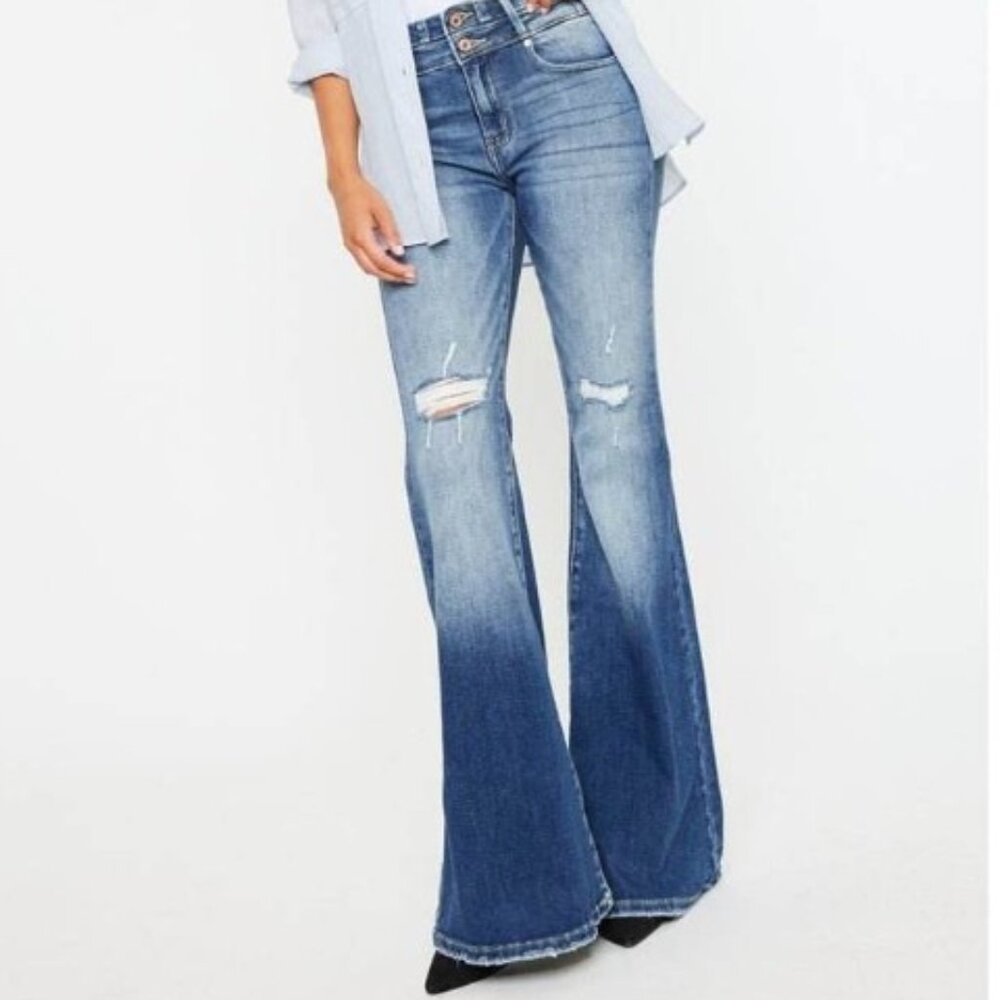 NEW KanCan High Rise Super Flare Jeans | Distressed Flare Denim | Sizes 5–15